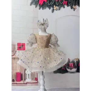 Krem Taşlı Kare Yakalı Kız Çocuk Abiye