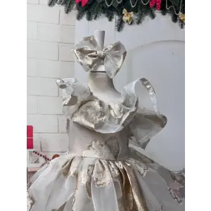 Krem Tek Omuzlu Fırfırlı Kız Çocuk Elbisesi