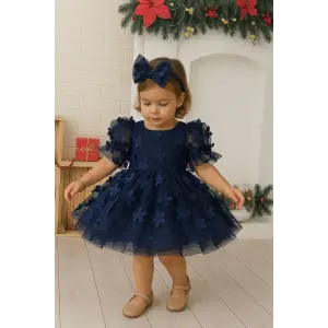 Lacivert 3D Çiçekli Kız Çocuk Abiye Elbise