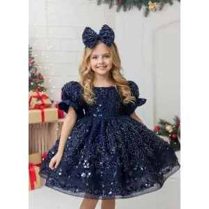 Lacivert Taşlı İşlemeli Kız çocuk Abiye Elbise
