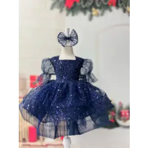 Lacivert Taşlı Kız Coçuk Elbisesi 