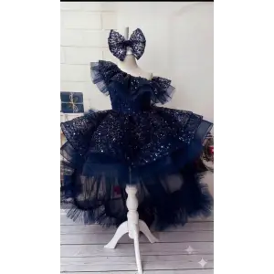 Lacivert Taşlı Kuyruklu Tek omuzlu Kız Çocuk Abiye