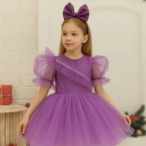 Lila Ön Fırfırlı Kız Çocuk Elbisesi
