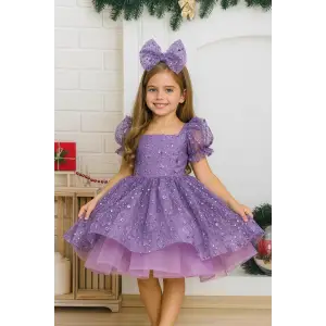 Lila Renk Payetli Kız Çocuk Abiye Elbise