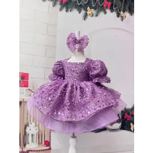 Lila Taşlı Kabarık Kız Çocuk Abiye Elbise