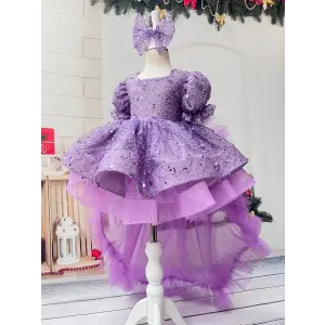 Lila Taşlı Kuyruklu Kız Çocuk Abiye Elbise