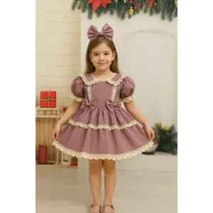 Lilla Dantelli Cift Fiyoklu Kız Çocuk Elbisesi