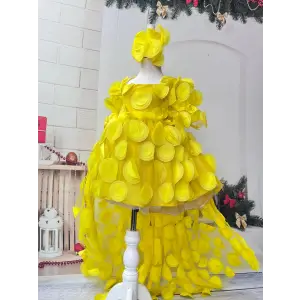 Limon Çiçeği 3D Kabartmalı kuyruklu Kız Çocuk Abiye Elbise