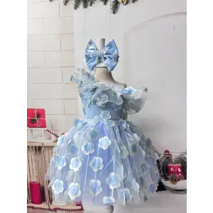 Mavi Acık Omuzlu Kız Çocuk Elbise Abiye