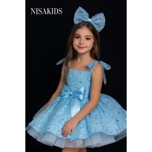 Mavi Asıkılı Kız Çocuk Abiye Elbise