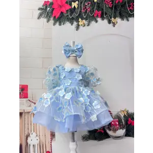 Mavi Çiçekli Desenli Kare Yakalı Kız Çocuk Abiye Elbise