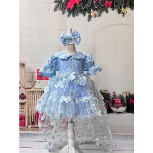 Mavi Çiçekli Tek Omuzlu Kuyruklu Kız Çocuk Abiye Elbise