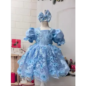 Mavi Dantel Çiçekli Prenses Elbise Abiye