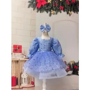 Mavi Payetli Prenses Kız Çocuk Abiye Elbise