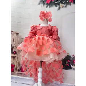 Mercan 3D Çiçek Kabartmalı Kuyruklu Kız Çocuk Abiye Elbise