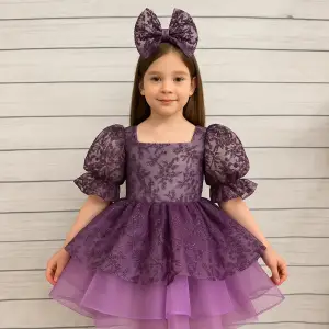 Mor Kare yakalı Kız Çocuk Elbisesi