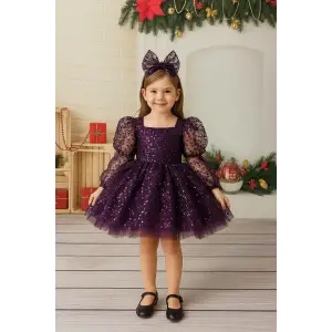 Mor Kare Yakalı Kız Çocuk Elbisesi