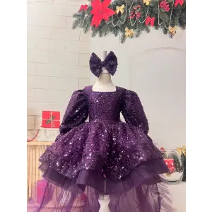 Mor Kuyruklu Payetli Prenses Kız Çocuk Abiye Elbise