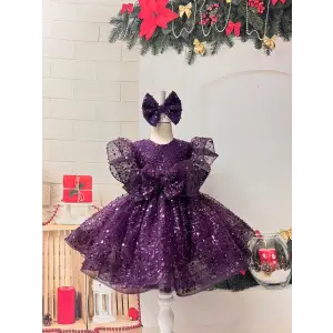 Mor Payetli Prenses Kız Çocuk Abiye Elbise – Balon Kollu & Fiyonk Aksesuarlı