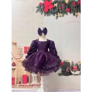 Mor Uzun Kollu Payetli Prenses Kız Çocuk Abiye Elbise