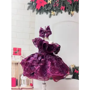 Mürdüm Tek Omuzlu Çiçek Desenli Prenses Çocuk Abiye Elbise