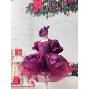 Mürdüm Kare Yakalı  Çiçek Desenli Prenses Çocuk Abiye Elbise