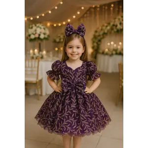 Mürdüm Mini (Taş Desenli) Kız Çocuk Elbisesi