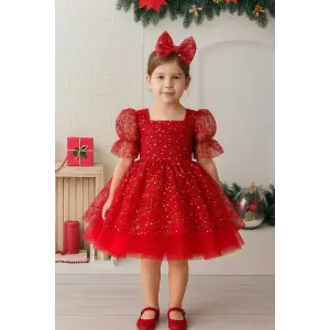 Nar Çiceği Kare Yakalı Kız Çocuk Abiye