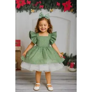 Parıltılı Zeytin Yeşili Kız coçuk Elbisesi Abiye