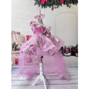 Pembe Acık Omuzlu Kuyruklu Kız Çocuk Abiye Elbise