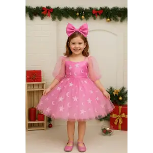 Pembe Büyük Fiyunklu Kız Çocuk Elbisesi