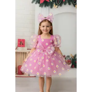 Pembe Papatya Desenli Prenses Abiye Elbise