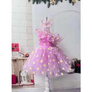 Pembe Papatya İşleme Acık Omuz Kız Çocuk Elbisesi Abiye