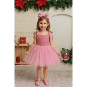 Pembe Parıltılı Askılı Kız Çocuk Elbisesi