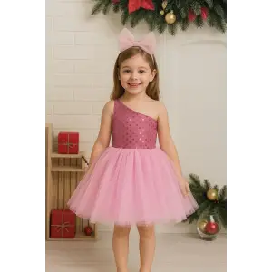 Pembe Payetli Tek omuz Kız Çocuk Elbisesi