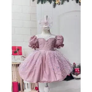 Pembe Taşlı Kalp Yakalı Kız Çocuk Abiye Elbise