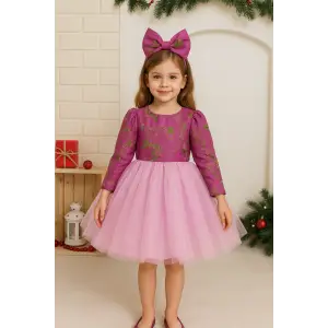 Pembe Taşlı Kare Yakalı Kız Çocuk Elbisesi