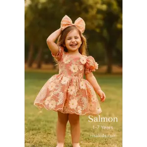 Pudra Çiçek Nakışlı Kız çocuk Elbisesi Abiye