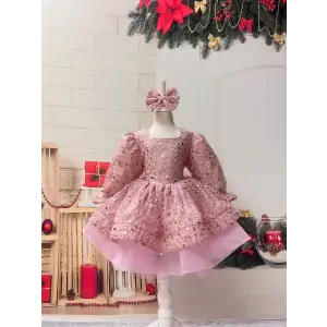 Pudra Payetli Prenses Kız Çocuk Abiye – Balon Kollu