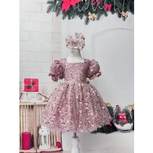 Pudra Renk Payetli Fiyonk Kız Çocuk Abiye Elbise
