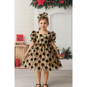 Sarı Siyah Çiçek Desenli Çocuk Abiye Elbise