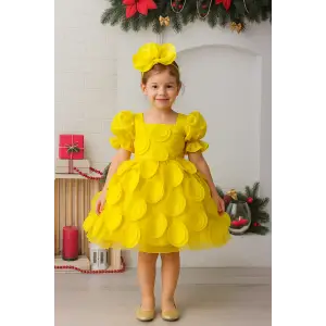 Sarı yuvarlak daire desenli Abiye Elbise