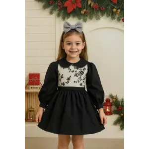 Siyah Beyaz Desenli Kız Çocuk Elbisesi