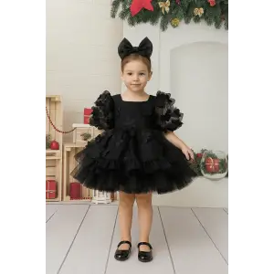 Siyah Çiçek Desenli Kız Çocuk Elbise biye