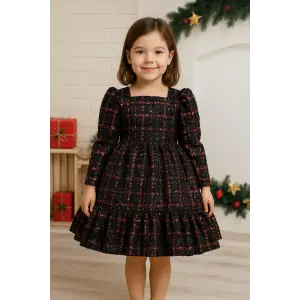 Siyah Kırmızı Pullu Kare Yakalı Kız Çocuk Elbisesi