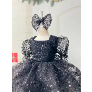 Sİyah Payetli Kare Yakalı Kız Çocuk Elbisesi