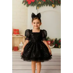 Sİyah Payetli Kare Yakalı Kız Çocuk Elbisesi