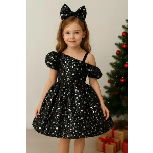 Siyah Payetli Tek Omuzlu Kız Çocuk Elbisesi