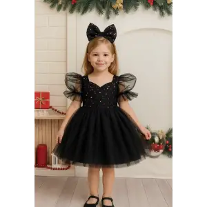 Siyah Renkli Payetli Kız Çocuk Elbisesi