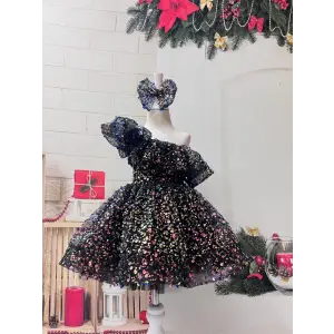 Siyah Taşlı Tek Omuzlu Kız çocuk Elbise Abiye